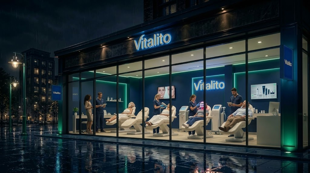 After: the same clinic with every treatment chair filled and staff with patients